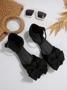 黑色蝴蝶结镂空平底乐福鞋，方头优雅时尚镂空平底一脚蹬鞋，百搭休闲办公女鞋，四季皆宜