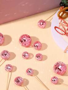 24个迪斯科球纸杯蛋糕装饰插牌，生日快乐蛋糕装饰，70年代复古蛋糕装饰，闪亮粉色迷你迪斯科球装饰，适合70年代80年代主题派对用品、婴儿派对、生日装饰（粉色和银色） - 彩色 - 查看 6