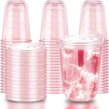 Xuelimei 16oz Disposable Stemless Glasses With Strawless Sip Lids,PET Disposable Drinking Cups,Clear Plastic Wine Glasses For Parties Birthday,Wedding,Meeting,Christmas Party Supplies (50, Pink) - 白色 - 查看 1