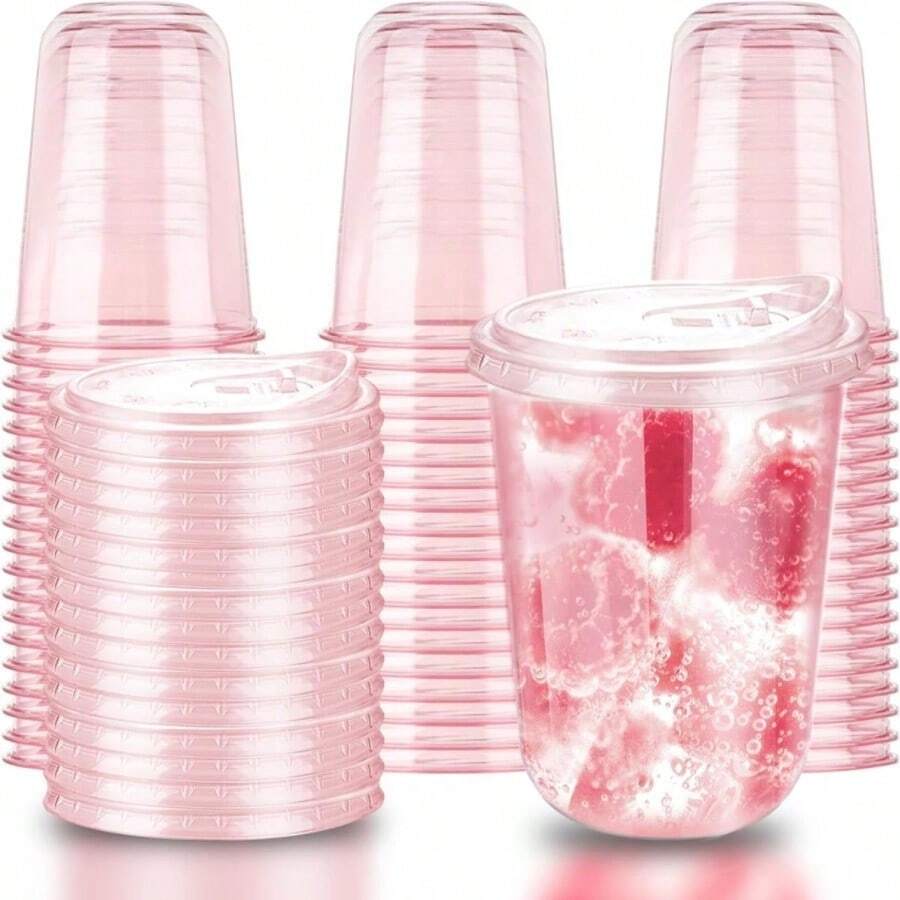 Xuelimei 16oz Disposable Stemless Glasses With Strawless Sip Lids,PET Disposable Drinking Cups,Clear Plastic Wine Glasses For Parties Birthday,Wedding,Meeting,Christmas Party Supplies (50, Pink) - 白色 - 查看 1