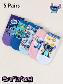 1/5 Pairs, Unisex, Stitch/ Cartoon Pattern Socks, Women's Ankle Socks, Women's Socks, Couple Socks, Children's Large Size Socks, Soft Breathable Anti-Slip Ankle Socks, Cool Cartoon Pattern Short Socks, Soft Comfortable, Cute Casual Style