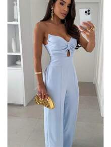 Women's Long Jumpsuit Tailored Strapless With Elastic On The Back Elegant Stylish Super - Màu xanh nhạt - Xem 1