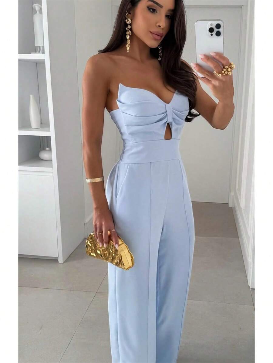 Women's Long Jumpsuit Tailored Strapless With Elastic On The Back Elegant Stylish Super - Màu xanh nhạt - Xem 1