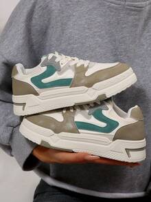 女士休闲系带运动鞋，软底平底舒适滑板鞋，轻便低帮日常穿着 - 綠色 - 查看 1