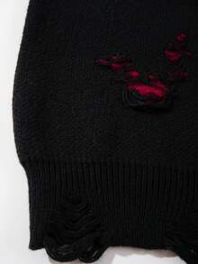 ANDREILEE Men's Casual Loose Fit V-Neck Pullover Sweater, Distressed Black Long Sleeve, Versatile Street Style, Suitable For Spring, Autumn, Winter - Black - View 7