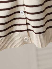 1pc Fashionable Round Neck Striped Contrast Color Knit Cardigan For Baby Boys, Brown Long Sleeve Jacket