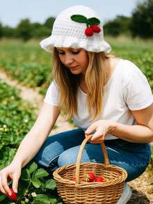 1pc Women Handmade Crochet Ruffle Brim Bucket Hat, Novelty Casual Floppy Cloche Hat - Solid Color - View 7