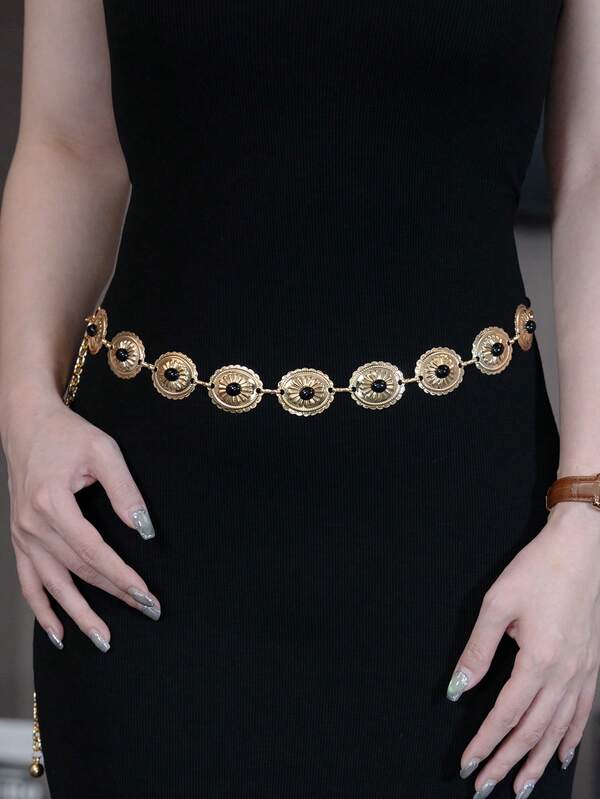 1 Stück vintage goldene geschnitzte ovale bohemische Frauen Taillenkette mit schwarzem Stein Metall Taillengürtel, geeignet für Kleider und den täglichen Gebrauch
