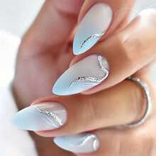 24 Pieces Medium And Long Almond Shape Summer Fresh Blue Gradual Change Silver Line Full Coverage Fake Nail Sticker - CDJ-20-5 - View 1