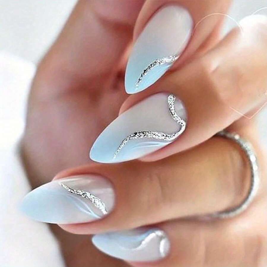 24 Pieces Medium And Long Almond Shape Summer Fresh Blue Gradual Change Silver Line Full Coverage Fake Nail Sticker - CDJ-20-5 - View 1