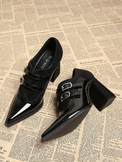 2025 Spring New Pointed Toe Low Vamp High Heel Shoes, Elegant Minimalist Fashion Women's Shoes, Black Lace-Up Brogue Carving Knight Style British Wind Thick Heel Pumps