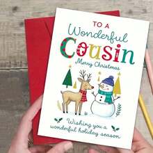1pc Festive Christmas Card For Cousin - "To A Wonderful Cousin Merry Christmas" Greeting With Reindeer, Snowman & Holiday Decorations - Perfect Family Gift For Winter Celebrations, Holiday Greeting Card|Playful Design|Paper Christmas Card, Christmas Cards