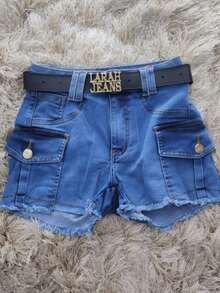 Women's High Waisted Frayed Blue Cargo Jean Shorts With Pockets - Medium Wash - View 3