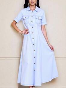Women's Long Midi Dress With Buttons, Short Sleeves, With Pockets, Tailored Shirt, Elegant, Sensorial, Evangelical Fashion, Accentuated, Chemise 2026 - 淺藍色 - 查看 2