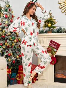 2pcs Set Piyama Nyaman Motif Asimetris Pohon Natal dengan Saku Gagang Payung, Atasan Lengan Panjang dan Celana dengan Trim Warna Kontras, Set Piyama Kasual Bahan Bubble Crepe Lembut, Pakaian Musim Gugur - Putih - View 4