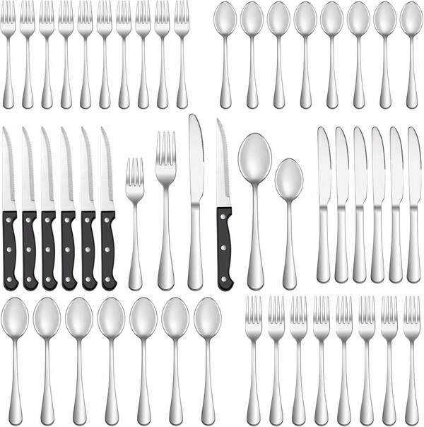 48 Pcs Silverware Set With Steak Knives Service For 4,Stainless Steel Flatware Set,Mirror Polished Cutlery Utensil Set,Home Kitchen Eating Tableware Set,Include Fork Knife Spoon Set,Dishwasher .