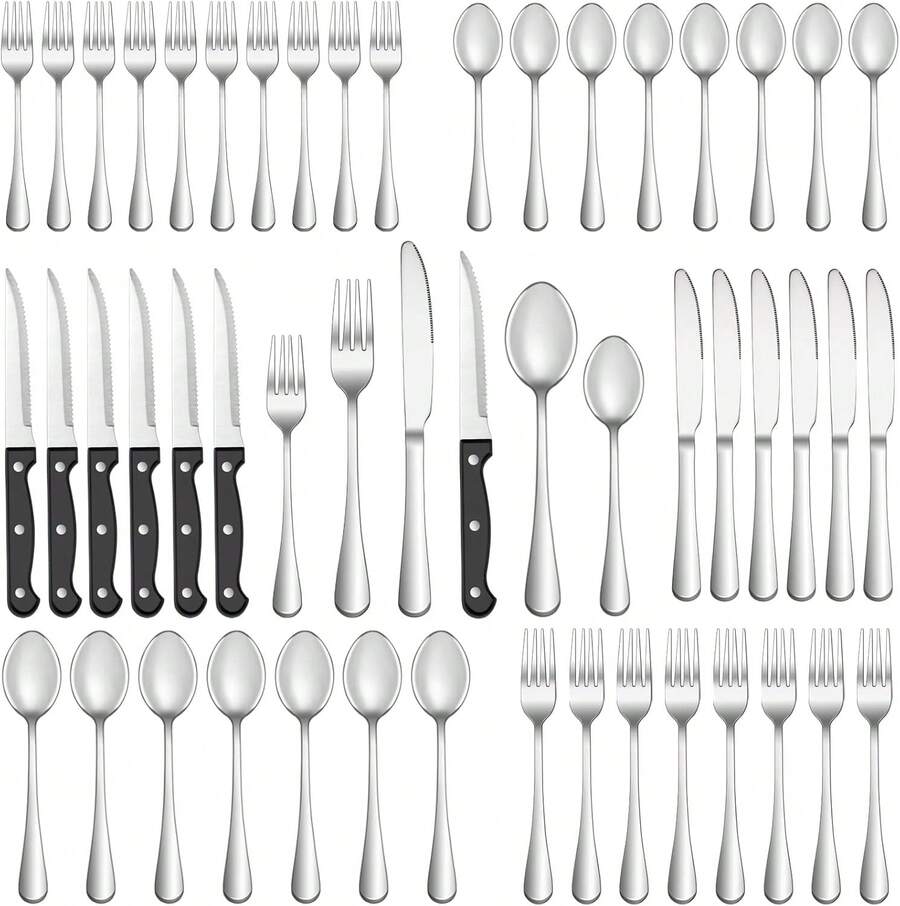 48 Pcs Silverware Set With Steak Knives Service For 8,Stainless Steel Flatware Set,Mirror Polished Cutlery Utensil Set,Home Kitchen Eating Tableware Set,Include Fork Knife Spoon Set,Dishwasher .