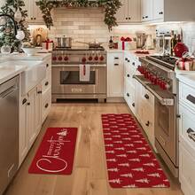 1/2-częściowa mata podłogowa na Boże Narodzenie, luksusowe czerwone tło ozdobione białym wzorem choinki, mata kuchenna, motyw radości, dekoracja w świątecznym klimacie, idealna do gabinetu, kuchni, sypialni, dekoracji domu, tworząca wygodną i wykwintną, radosną atmosferę - Wielokolorowe - Zobacz 15