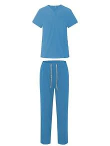 Set Seragam Medis Lengan Pendek Leher V Hitam, Seragam Medis untuk Dokter & Perawat - Baby Blue - View 4