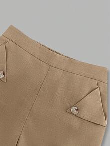 Set 2 bucăți pentru femei, elegant, cu cămașă și pantaloni, culoare solidă, cu crăpături laterale, stil naveta, început de toamnă - Kaki - Vizualizare 5