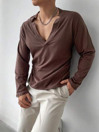 Camiseta de manga larga de cuello en V profundo de unicolor casual 100% algodón para hombre, otoño