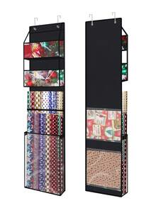 1pc Christmas Hanging Gift Bag, Black Gift Wrapping Organizer Bag With Handle And Hook, Foldable Non-Woven Fabric Gift Wrap Storage Bag, Christmas Floral Wrapping Paper Container, Thanksgiving & Christmas Holiday Wrapping Paper Organizer Bag, Suitable For Various Sizes Of Wrapping Paper - Black - View 2