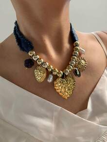 Monlansher 女士时尚多元素多吊坠项链，轻盈奢华高端质感，适合日常、派对、休闲、节日穿着，不锈钢吊坠项链 - 愛心多吊墜 - 查看 4