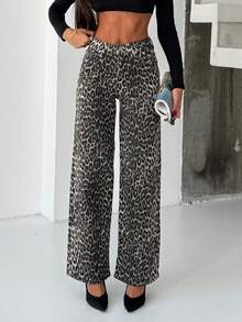 Women's Leopard Pattern High Waist Lycra Wide Leg Trousers - Beige - View 1