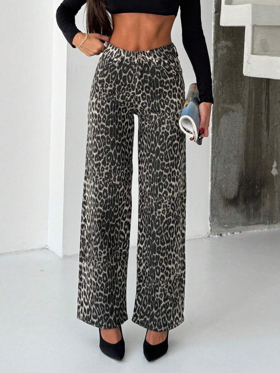 Women's Leopard Pattern High Waist Lycra Wide Leg Trousers - Beige - View 1