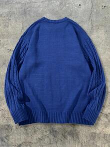 Suéter de cuello redondo, manga raglán y ajuste holgado con cordón, de punto trenzado, para hombre, estilo callejero de otoño y vuelta al colegio e invierno