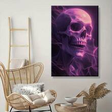 1 pieza Póster de arte de pared con cráneo gótico místico morado - Impresión en lienzo con marco de madera de tonos violeta y morado profundo, decoración gótica moderna para sala de estar, baño, regalos de Halloween y días festivos - Pintura contemporánea de cráneo etéreo, instalación de gancho fácil, decoración, diseño geométrico, obra de arte, decoración de dormitorio y accesorios, decoración del hogar y accesorios, decoración de pared, 2D plano, enmarcado, lienzo envuelto, pintura decorativa lista para colgar