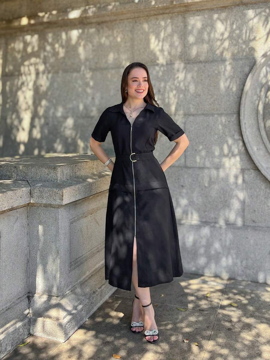 Rivera. Plain Short Sleeve Midi Dress WOMEN'S FASHION Summer - màu đen - Xem 1