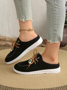 Preppy Style Lace-Up Beaded Criss-Cross Tie Flat Loafers For Women, Vintage Casual Slip-On Shoes, Versatile For Autumn