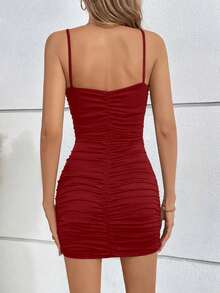 Sexy V-Neck Ruched Bodycon Cami Mini Dress, New For Spring/Summer Elegant - Burgundy - View 4