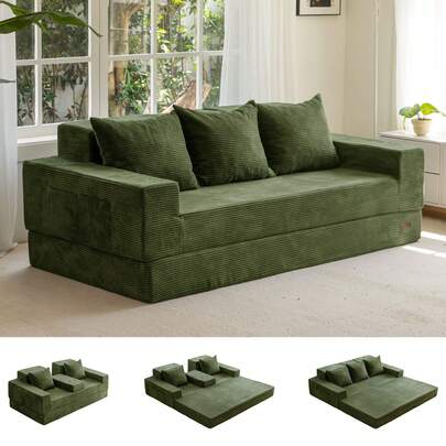 MAXYOYO Convertible Sofa Bed,Double Corduroy Floor Sofa With Armrests And Two Cup Holders,4 In 1 Suitable For Living Room Bedroom Office,No Assembly Required
