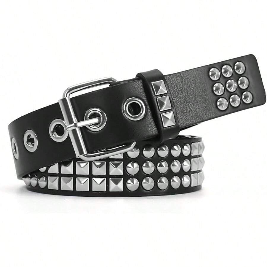 Studded Belt, Metal Punk Rivet Belt With Bright Studs Women And Men - Silver Round Studded - View 1