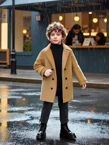 Autumn/Winter Fashion British Style Solid Color Lapel Coat Jacket For Big Kids Boys, Children Long Wool Overcoat - Khaki - View 3