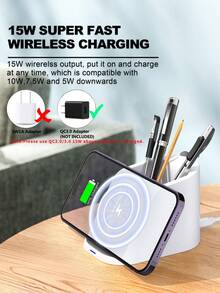 15W Wireless Charger With Pen Holder & Phone Stand, Desktop Wireless Charger - White - View 2