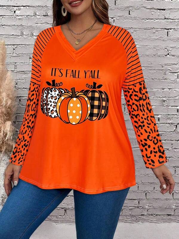 Women's Plus - Size Long - Sleeve V - Neck T - Shirt, Pumpkin & Leopard Print, Ideal For Autumn & Casual Wear, Must - Have Fall Wardrobe, Stylish Plus - Size Top,Casual Halloween Tops,Fashion Orange T-Shirts