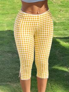 Women's Retro Skinny Fit Gingham Capri Pants With Delicate Lace Trim Side Slit Comfortable Cropped Trousers For Casual Daily Outfits - 黃色 - 查看 1