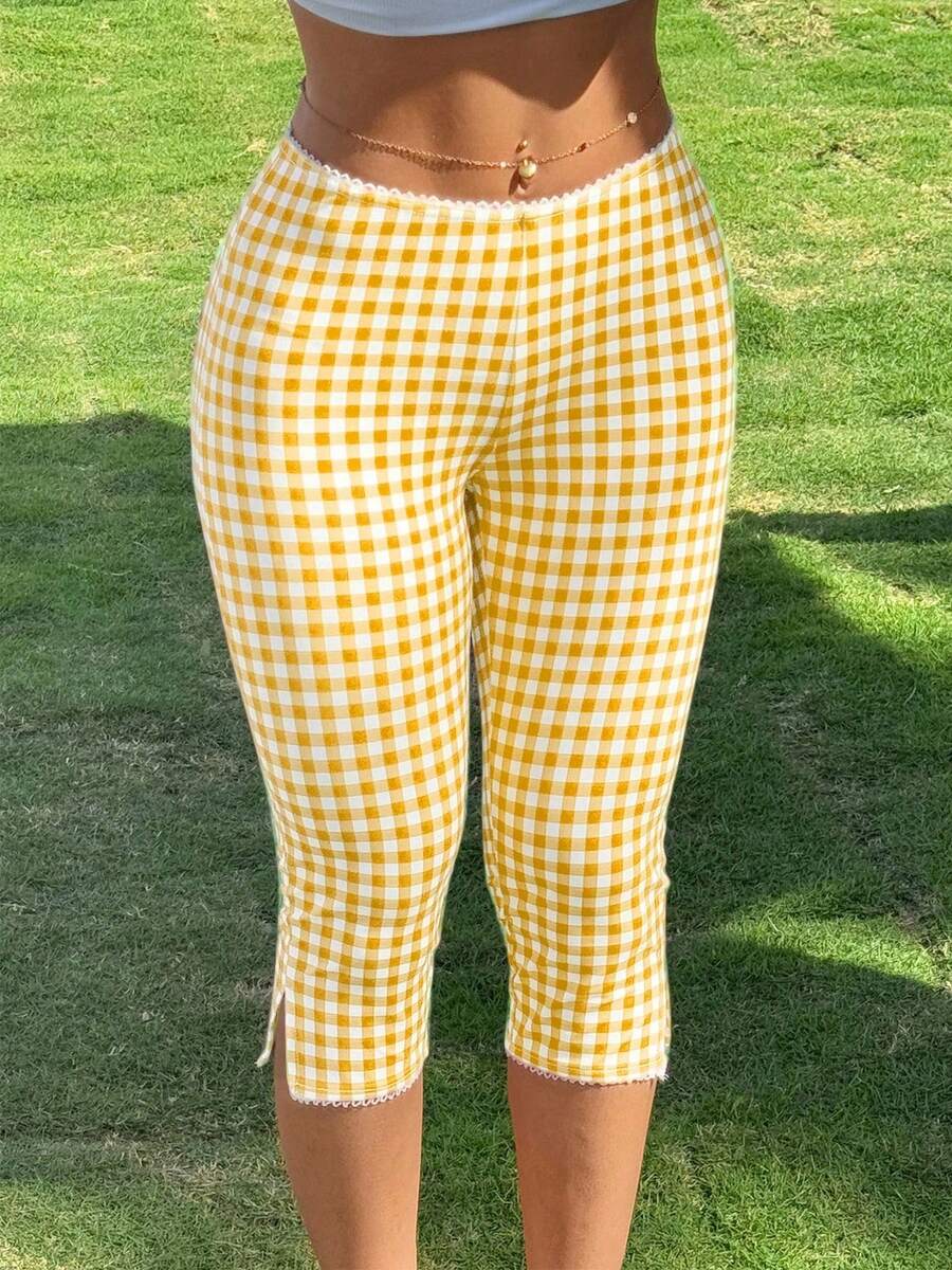 Women's Retro Skinny Fit Gingham Capri Pants With Delicate Lace Trim Side Slit Comfortable Cropped Trousers For Casual Daily Outfits - 黃色 - 查看 1