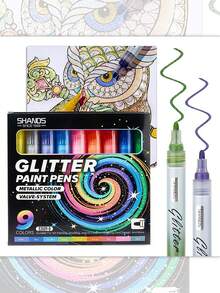 1 Set Of 9 Colors SHANDS Brand Glitter Paint Pens, Metallic Color Valve Control System, Suitable For Art Drawing, Graffiti, Journaling, Greeting Card Design, Stationery Writing & Correction, Providing Sparkling & Glittering Effects For Creative Expression, Great For Halloween, Birthday, Christmas, New Year, Winter Holidays, Christmas Decorations, Home Desk Accessories, Christmas Gifts, Autumn Home Decor