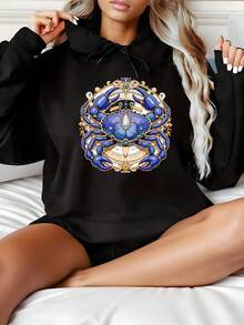 Halloween Gothic Punk Style Printed Black Hoodie,Plus-Size Women's Cancer Zodiac Crab Hoodie - Elegant Blue And Gold Sweatshirt With Crab And Cancer S - Black - View 2