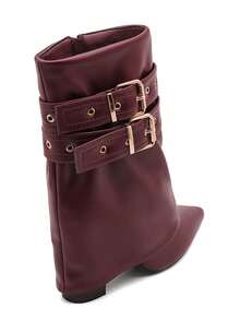 Bottines femme à talon bas avec doubles boucles dorées – style élégant en simili cuir - 酒紅色 - 查看 4