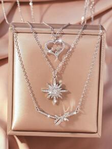 3pcs/Set Fashionable Women Necklace, Star, Planet, Heart Pendant Design, 18K Gold Plated Stainless Steel Chain, Suitable For Daily Wear And Party, Best Jewelry Gift - Gold - View 11