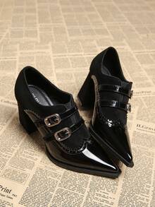 2025春季新款尖头低帮高跟鞋优雅简约时尚女鞋黑色系带布洛克雕花骑士风英伦风粗跟浅口鞋 - 黑色 - 查看 4