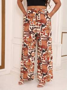 Women's Printed High-Waisted Palazzo Pants With Elastic Waistband And Pocket In Elegant Crepe Fabric - màu nâu - Xem 1