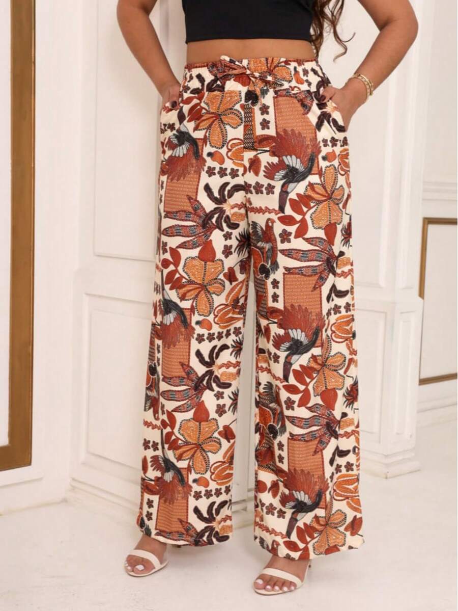 Women's Printed High-Waisted Palazzo Pants With Elastic Waistband And Pocket In Elegant Crepe Fabric - màu nâu - Xem 1