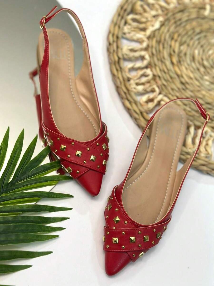 Renata Milli Slingback Pointed Toe Pumps With Spyke - 紅色 - 查看 1