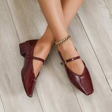 Sapatilhas femininas elegantes, confortáveis e confortáveis para áreas externas, bico quadrado, tira preta, minimalistas, inspiradas em balé, adequadas para festas, banquetes, feriados, saídas à noite, saltos grossos versáteis - Borgonha - Ver 5